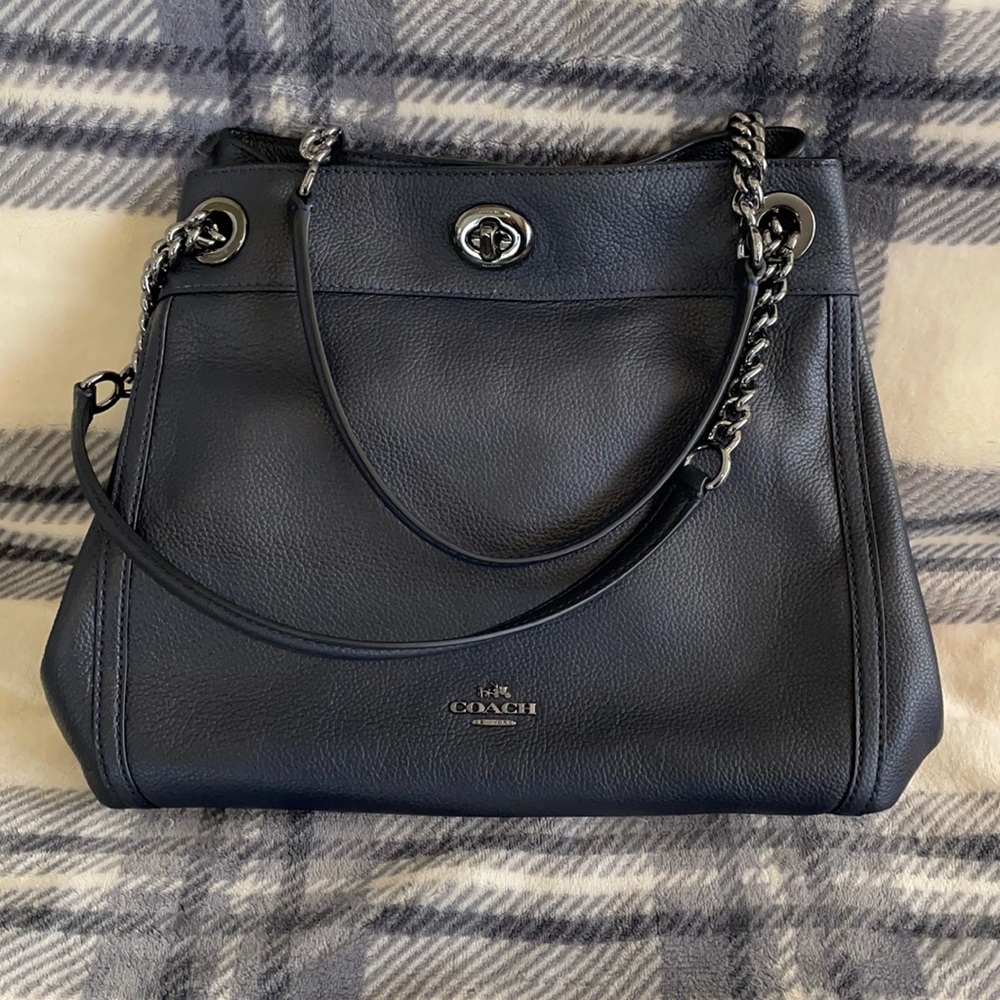 Coach Turnlock Leather Shoulder Bag Dark Navy - Picture 1 of 10